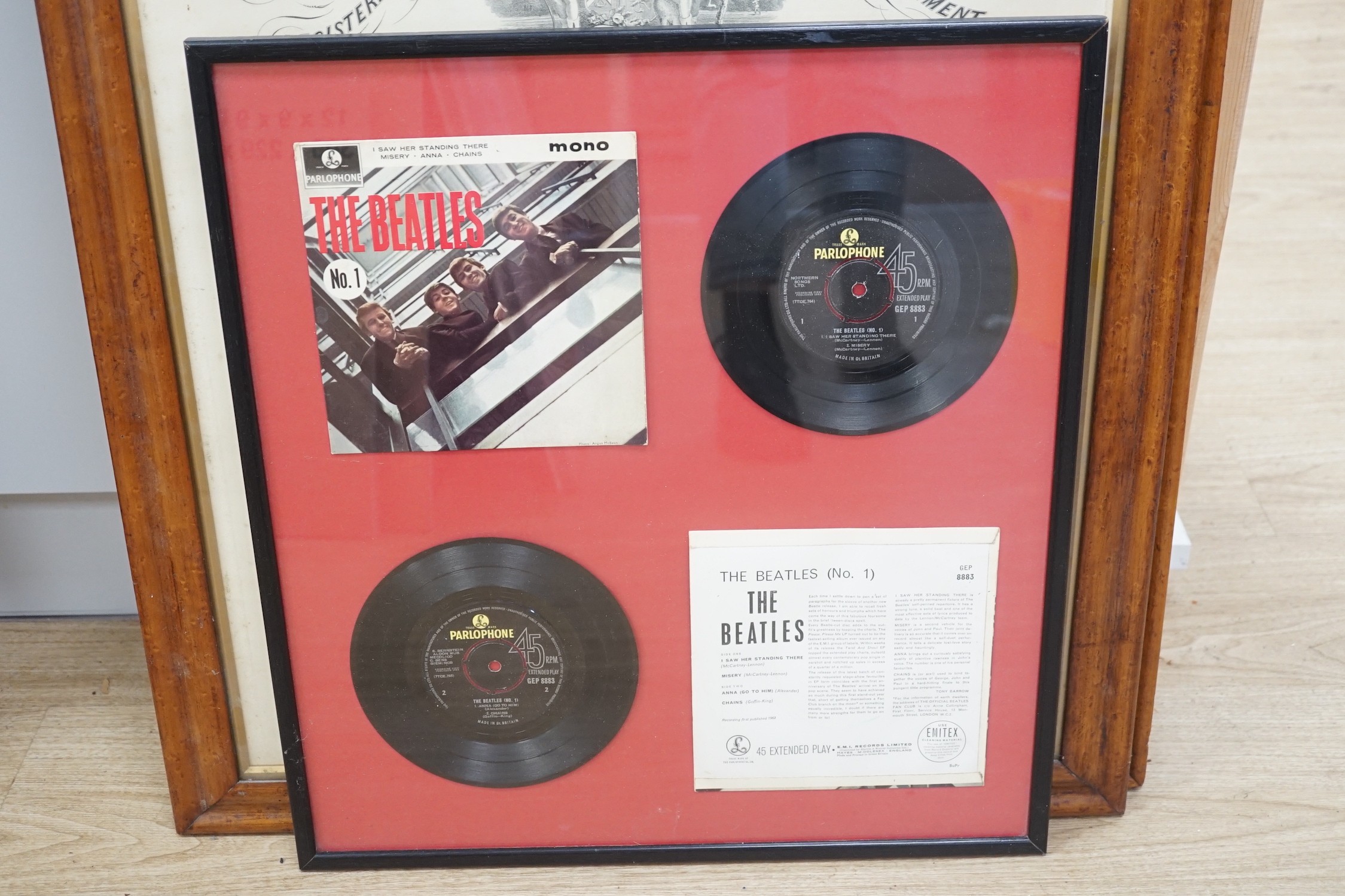 Ancient Order of Foresters. Lewes dispensation and a Victorian coloured engraving, both bird's-eye maple frames, and two framed Beatles records